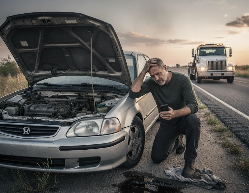 Man kneeling beside a broken-down car illustrating Cash for Junk Cars Lauderdale Lakes