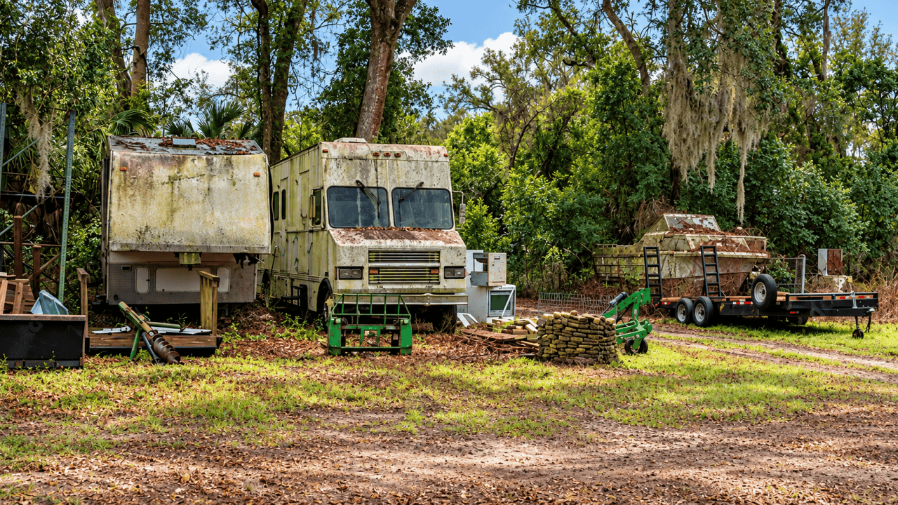 Old, weathered camper trailer and motorhome parked in a wooded yard, representing cash for junk RV services provided by Junk Car Dog.