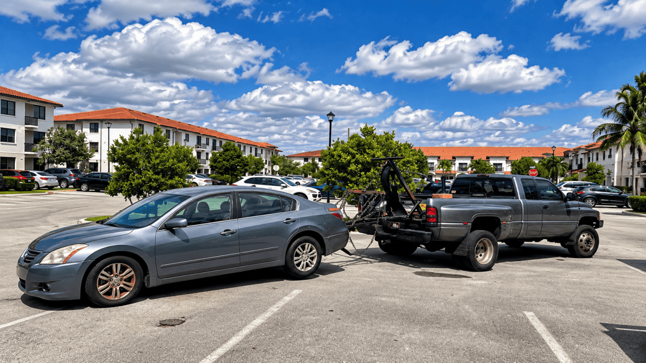 A grey sedan hooked to a tow truck in Fort Lauderdale, representing a complete vehicle bought for cash, not used car parts.