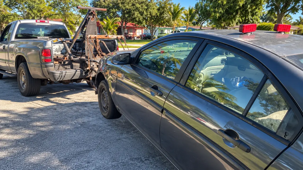 A tow truck lifting a sedan, demonstrating the process and considerations involved when looking to sell a junk car that isn’t yours.